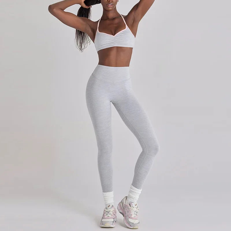Women 2 Piece Yoga Set Ruched Front T Back Sports Bra High Waist Leggings Soft Stretchy Nude Fabric Gym Running Workout Outfit