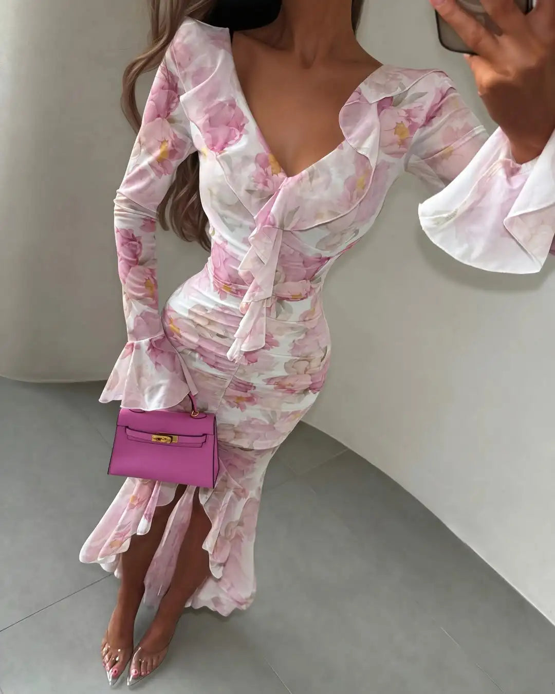 Women Pink Floral Print Maxi Dress Elegant V Neck Ruffle Trim Flare Sleeve Ruched High Chiffon Dresses 2026 Lady Party Vestido