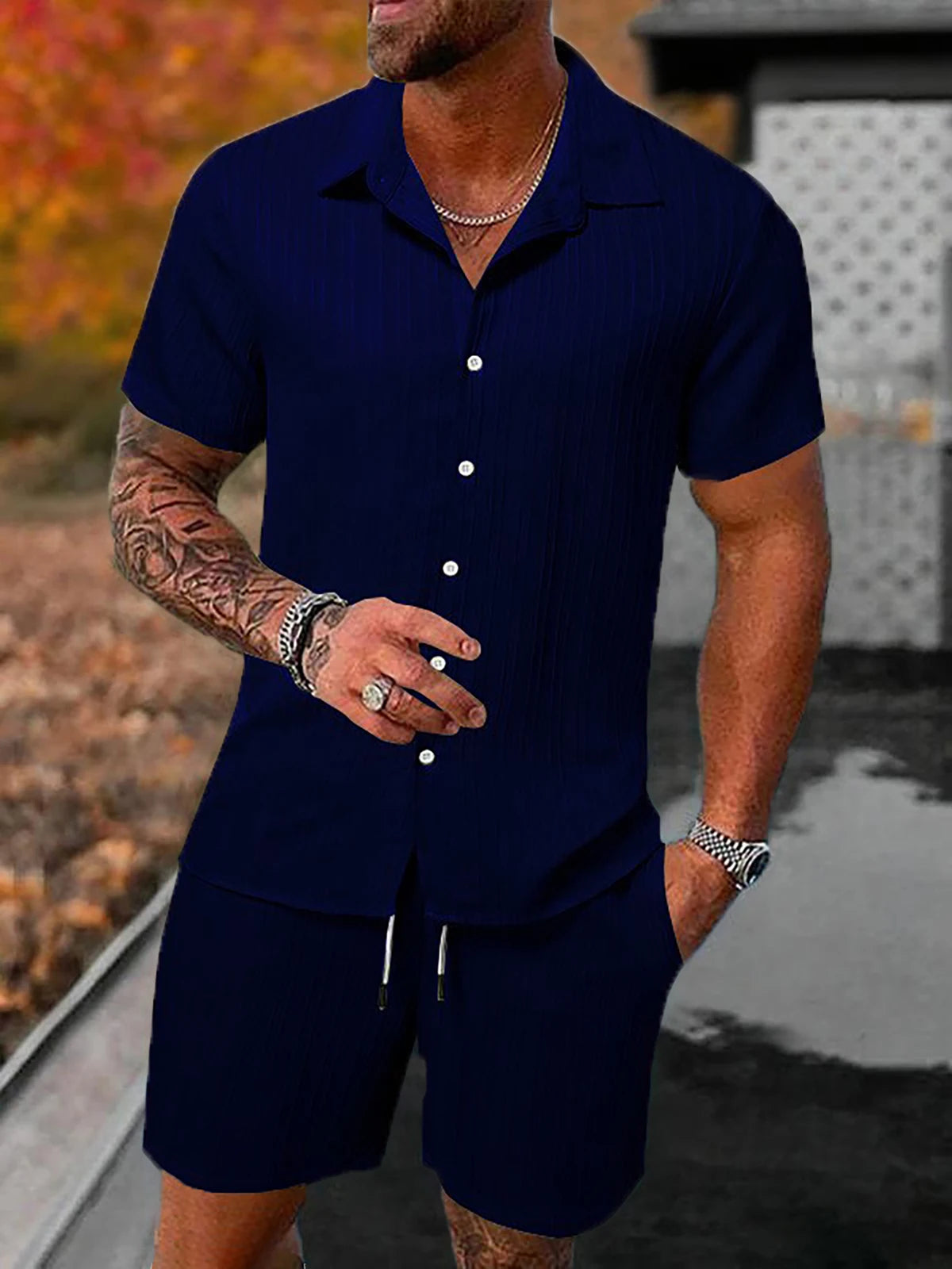 Lazy Street Style Vertical Stripe Slimming Shirt Shorts Two-piece Set No Need To Pair With Autumn Men's Thin Knit Sports Suit
