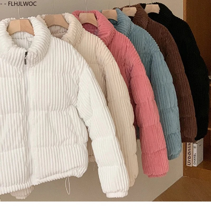 Corduroy Cotton 2025 Winter Turtleneck Warm Outerwear Coats Cake Korean Style Cute Girls Short Down Jacket Short Women Parkas