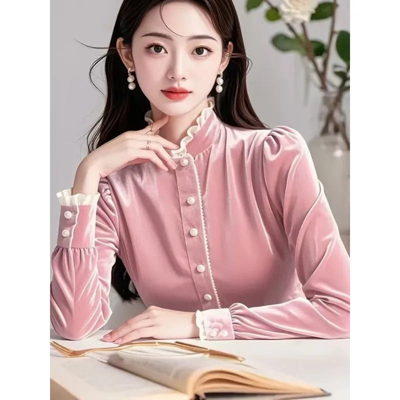 2025 Long-sleeved Autumn Winter New Style Stand-up Collar Lace Slim Shirt with Western Style Temperament Velvet Shirt Base Top