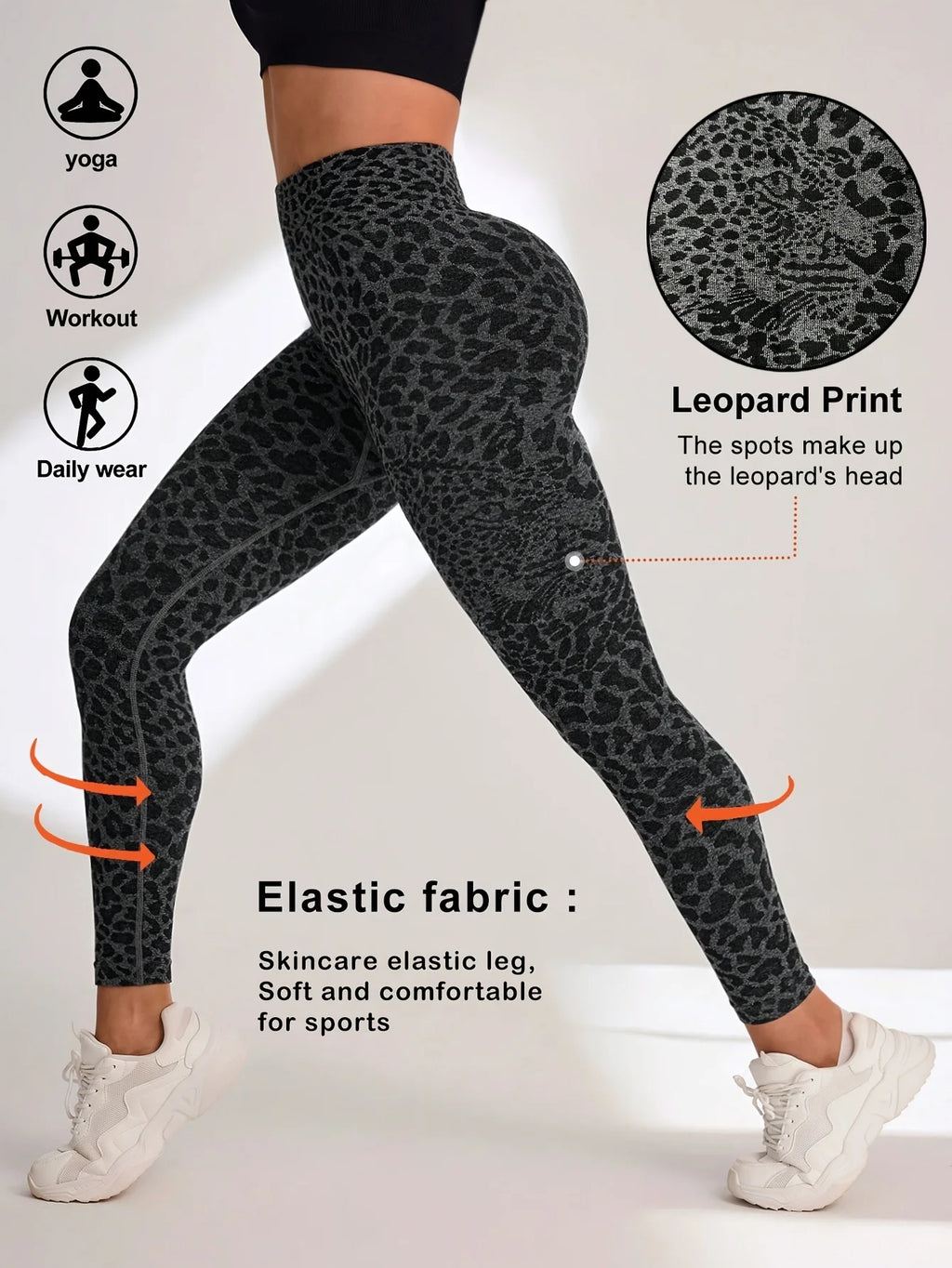 Women Mid‑Rise Fleece Lined Leggings Grey Leopard Print Slim Stretchy Warm Yoga Workout Pants