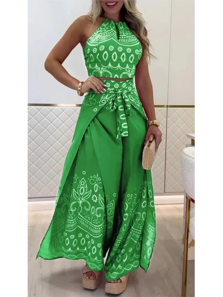 Summer New Fashion Printed Casual Loose Suit Literary Retro Sleeveless Halter Top Wide-leg Pants Commuting Two-piece Sets