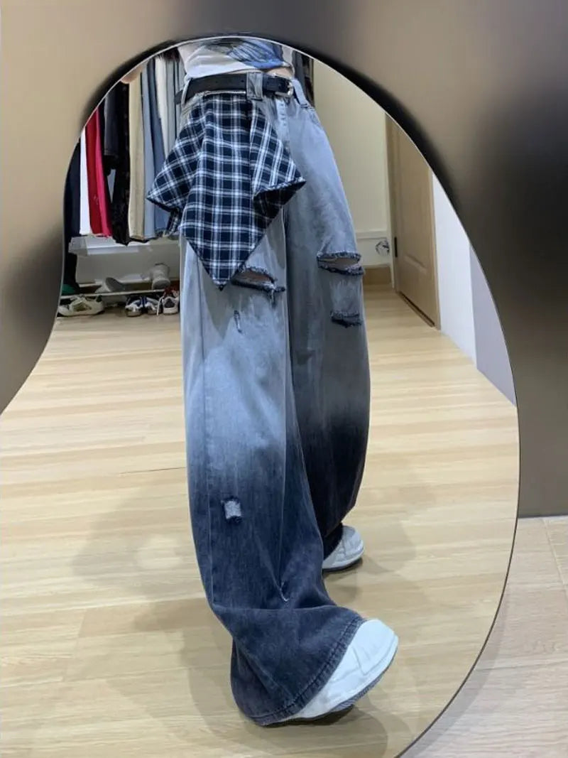 Graduated Design Ripped Denim Jeans Women's Summer Thin Drapey Slim Wide Leg Pants Loose Floor-Length Trendy Casual Style