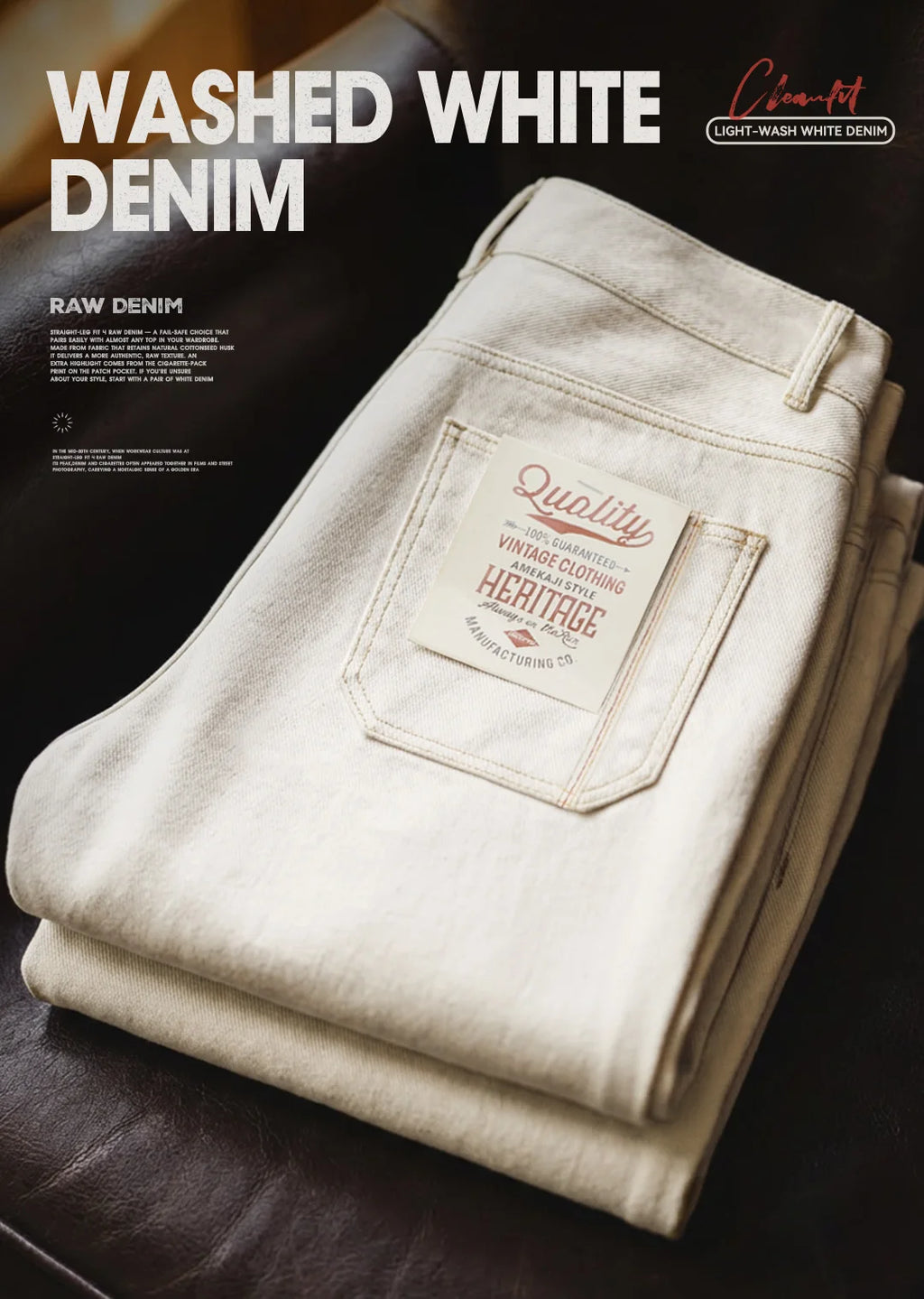 Maden Men's Vintage White Heavyweight Washed Jeans Straight 100% Cotton CleanFit Casual Pants with Zip Fly for Spring and Autumn