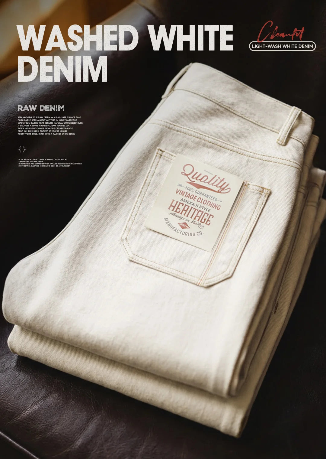 Maden Men's Vintage White Heavyweight Washed Jeans Straight 100% Cotton CleanFit Casual Pants with Zip Fly for Spring and Autumn