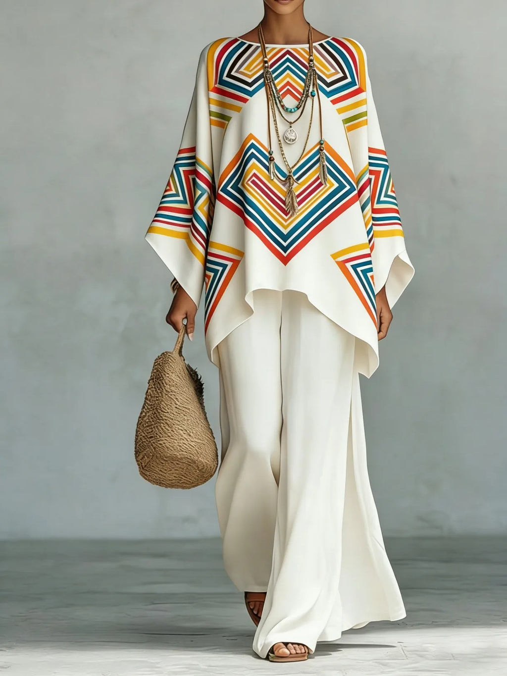 Bohemian Foreign Style Printed Women's Two-piece Set Spring Fashion O-neck Loose Top+wide Leg Pants Suit Ladies Office Outfit