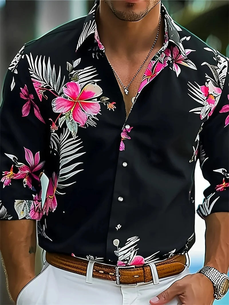 2025 men's printed casual shirt with breathable long sleeves and lead buttons suitable for spring and autumn