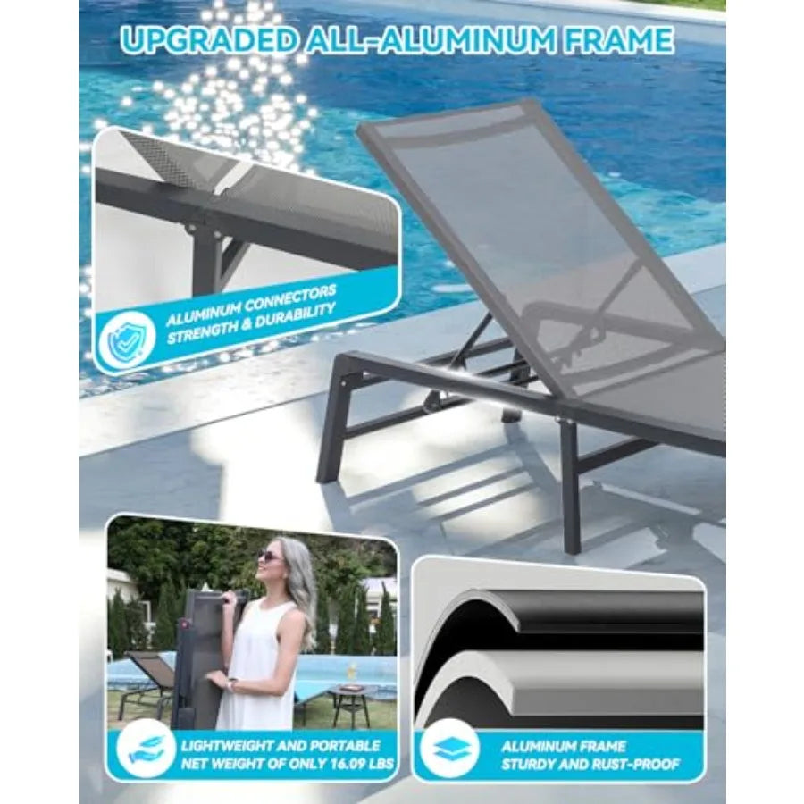 Aluminum Chaise Lounge Outdoor, Foldable Assemble-Free, 5-Adjustable Backrest, Gray/Beige, Lightweight Rust-Resistant for Pools
