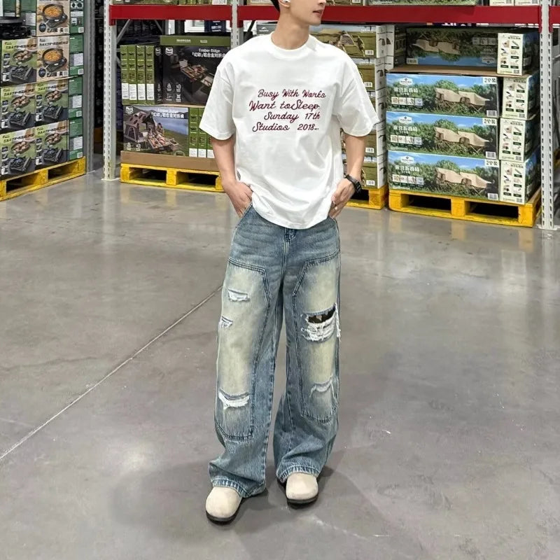 Men's Jeans Man Pants Heavy Duty Washed Multi Pocket Carpenter Style Straight Loose Denim Trousers Casual Fit High Street