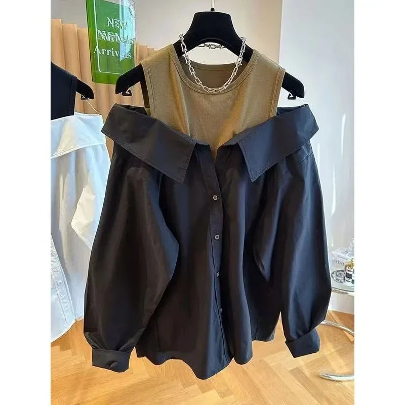False Two Piece Polo Collar Blouse Women Shirt Loose Tank Patchwork Long Sleeve Shirts Off The Shoulder Spring Pullovers Top New