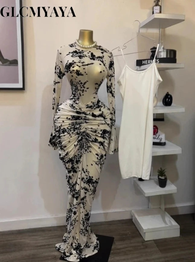 CM.YAYA Women Long Sleeve Ruched Mesh See Though with Lining Bodycon Long Dress 2025 Fall Evening Birthday Sexy Party Dresses