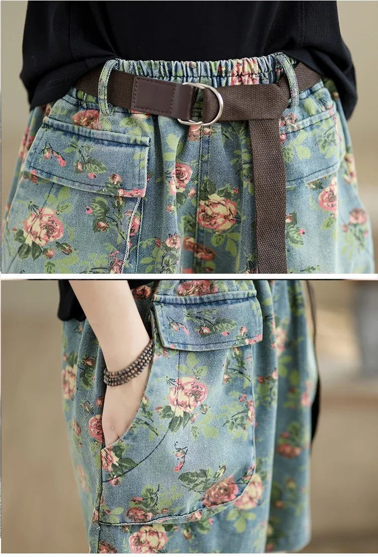 Retro Floral Printed Denim Wide-leg Shorts Women Summer Latest Fashion Baggy Big Size Girl Thin Elastic Waist Jean Short Pants