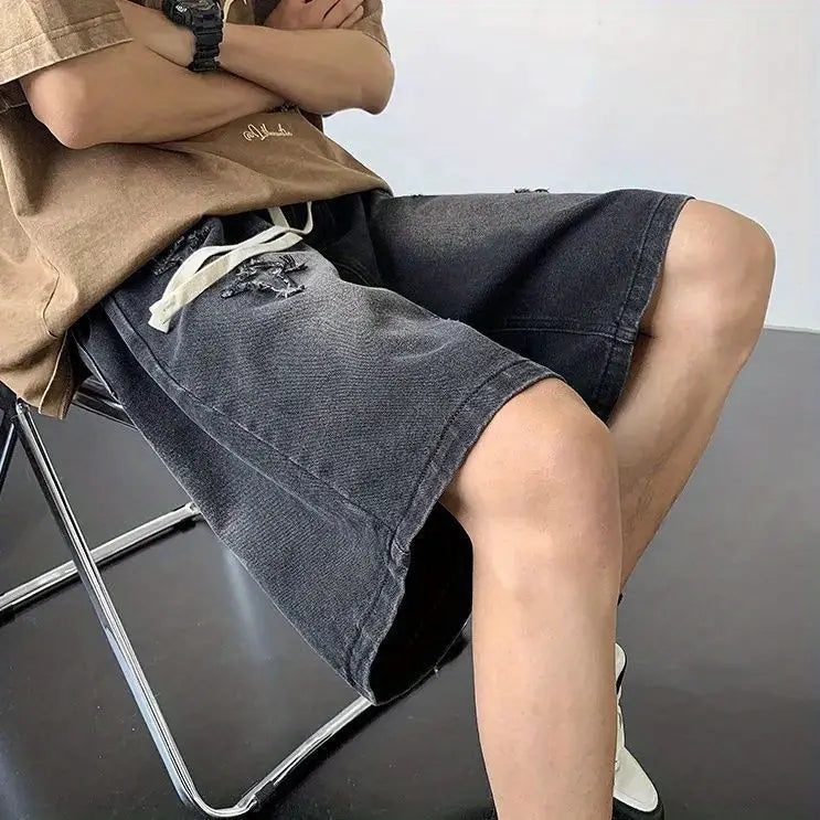 Embroidered Denim Shorts Men's Summer American Retro Street Five-point Pants Trendy Brand Trendy Loose