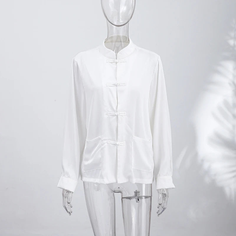Loose Women's Frog Buttons Mandarin Shirts See Through Stand Collar Full Sleeve Blouses 2026 Summer Lady Cotton Linen Outwear