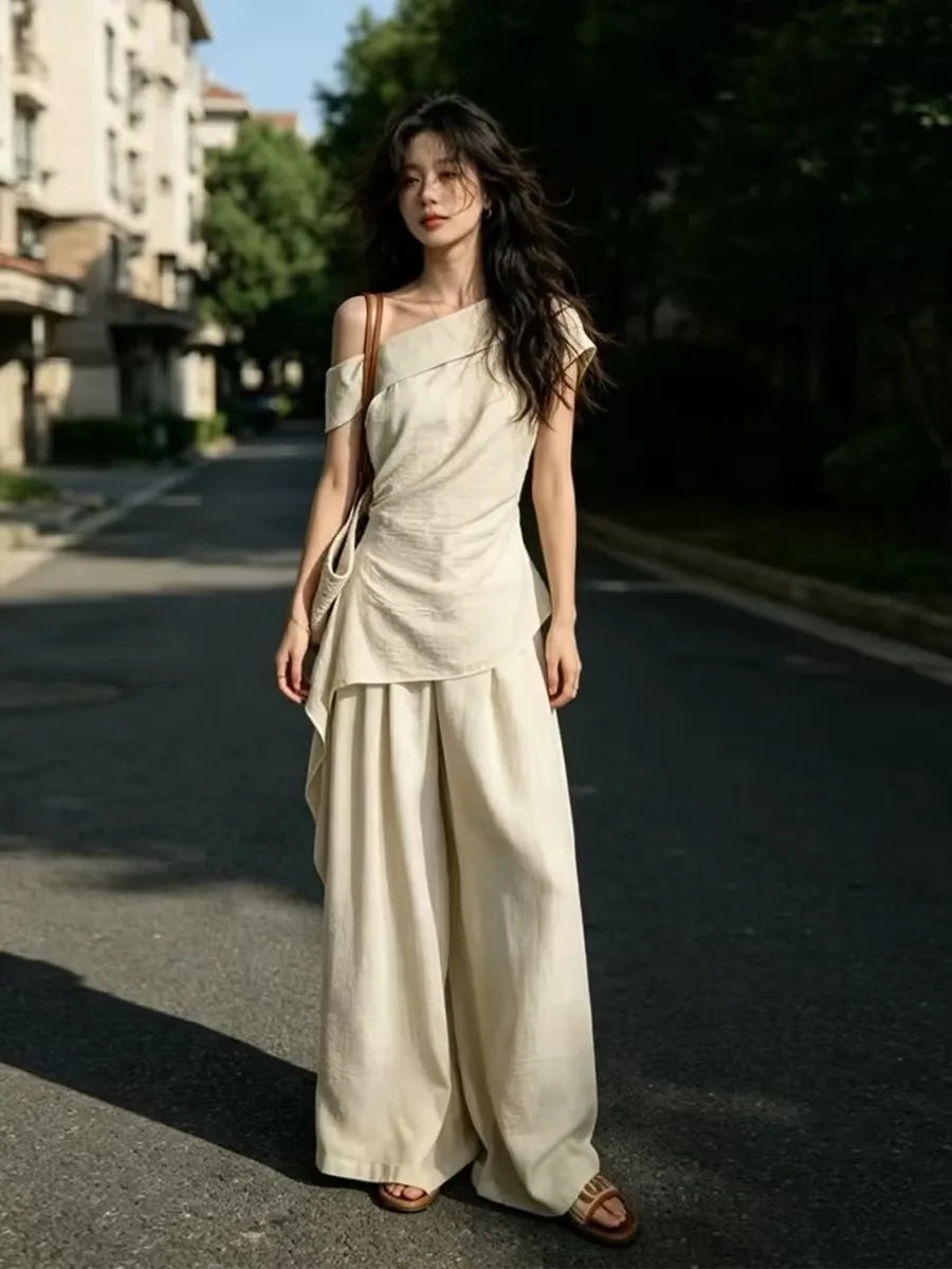 Summer Fashion Set Women's Side Shoulder Short Sleeve T-Shirt And Wide Leg Pants Two-Piece Suit Elegant And Stylish OOTD