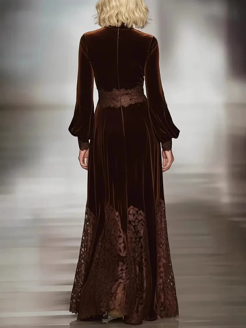 Elegant Velvet Dress for Women Spring Autumn Vintage Solid Turtleneck Lace Hem Long Dress High Waist A-line Evening Dresses