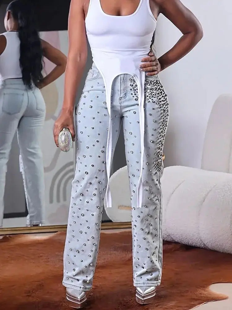 High Waist Slim Beaded Denim Jeans Women's Spring Casual Fashion Ladies' Premium Quality Jeans