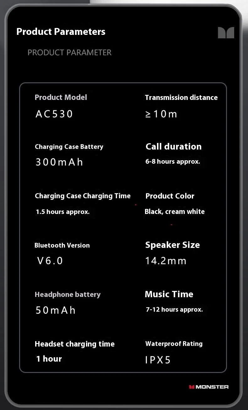 MONSTER AC530 Wireless Bluetooth Earphones Noise-Canceling Wireless Bio-Fiber Dynamic Driver Foldable Music Earphones Gift