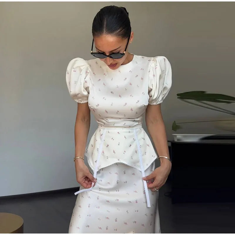 Elegant Women's Printed Waistband Stain Long Dress Slim Waist Cinched Bubble Sleeve Dresses 2026 Spring Summer Party Robes