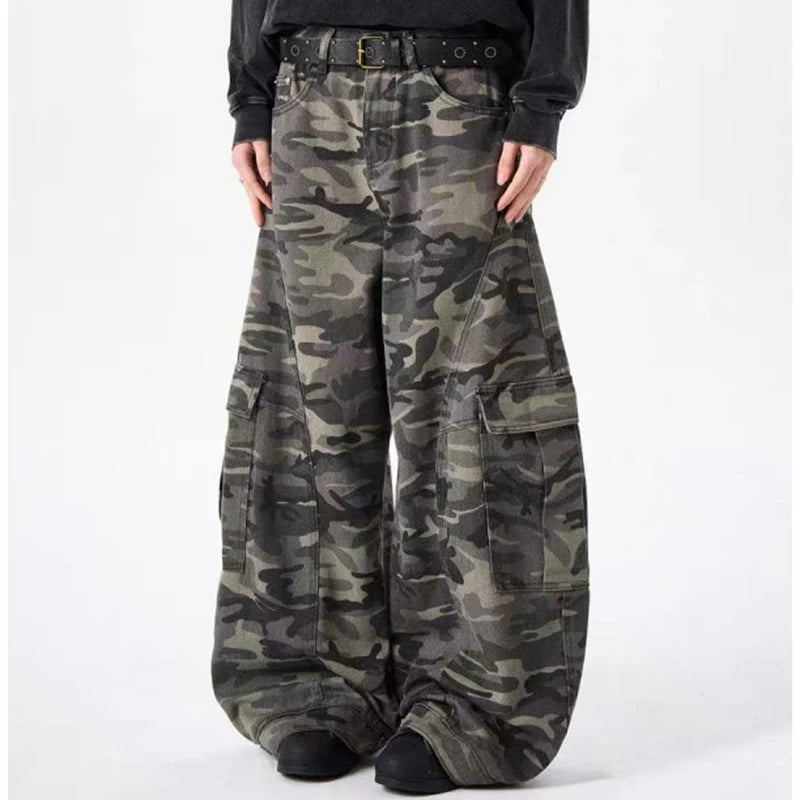 PFNW Camouflage Men Wide-Leg Cargo Pants 2025 Autumn New Trendy Contrast Color High Street Male Trousers