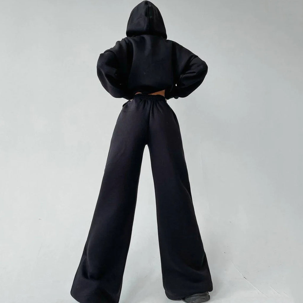 Woman's Solid Color Hooded Sweatshirt Pant Two-piece Set Fashion Long Sleeves Pocket Pullovers Pants Suits Ladies Loose Outfit