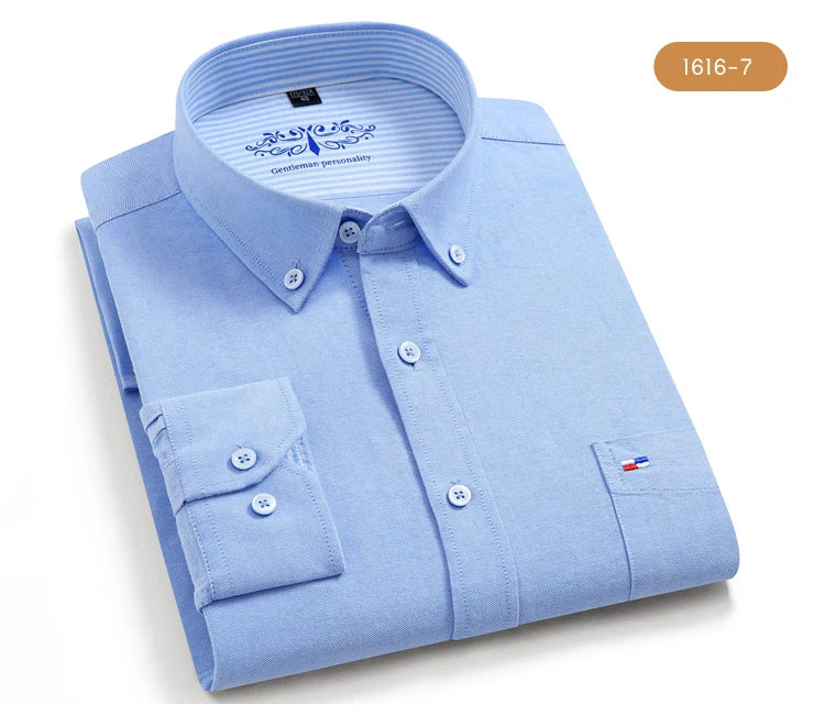 Men's 100% Cotton Breathable Oxford Fabric Dress Shirt, Plaid Striped Casual Long Sleeve, Button-Up with Collar and Chest Pocket