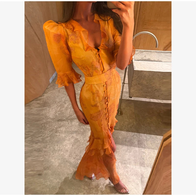Organza Floral Printed Maxi Dress V-neck Puff Sleeve 2026 Spring/summer Romantic Women Party Gown Fashion Elegant Lady Vestido