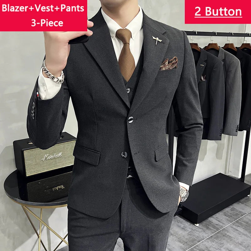 Blazer Vest Pants Men's Navy Blue Suit Set Slim Fit Blazer Vest Pants Formal Outfit for Business Wedding Office Groom Party