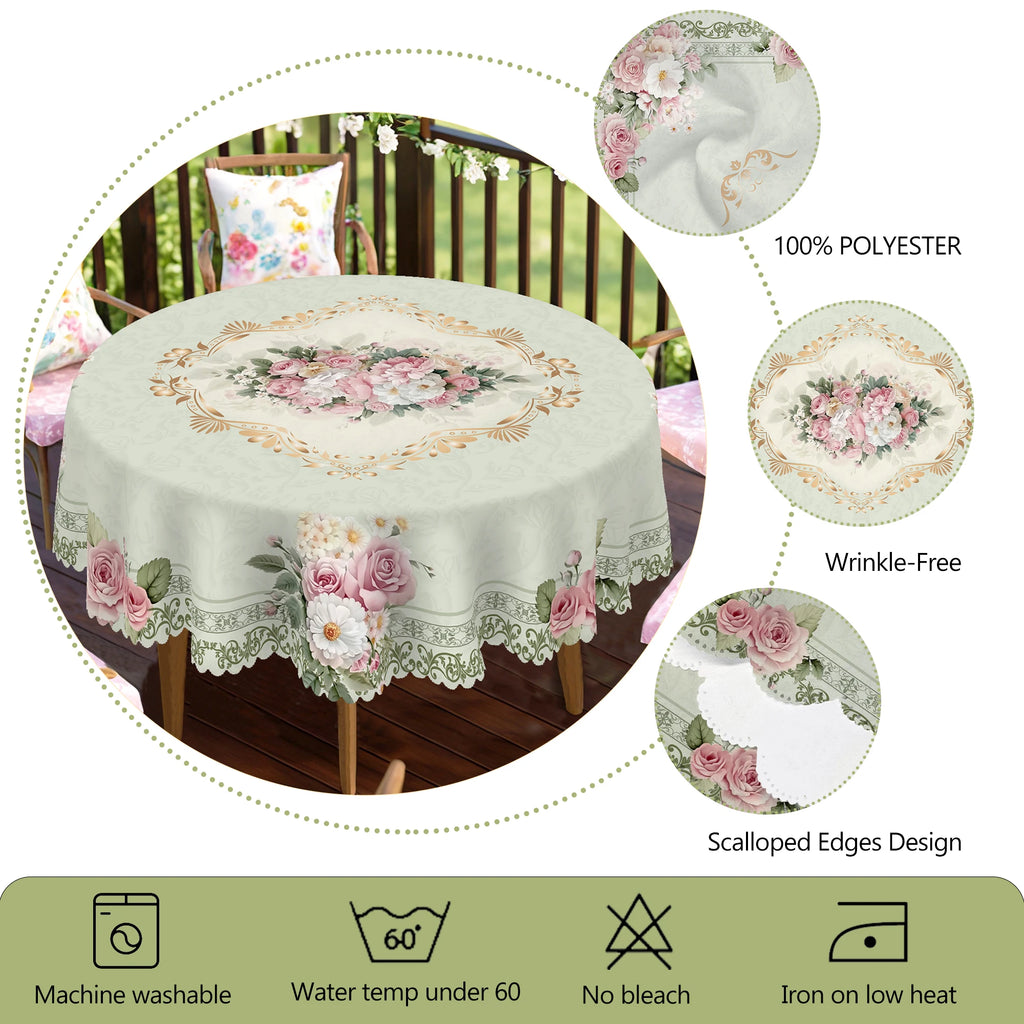 1 Piece of Spring Floral Round and Rectangular Tablecloth, Available in Various Sizes, Retro Pink Rose Pattern Printed Decorative Tablecloth, Small Fresh Style, Tablecloth for Home Kitchen, Picnic, Spring and Summer Home Deco