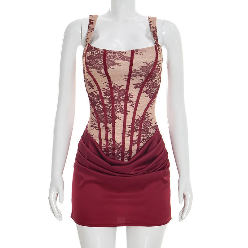 Lace Patchwork Pleated Dress Women Spaghetti Strap Mini 2026 Spring Summer Dress Evening Nightclub Sexy Party Dresses