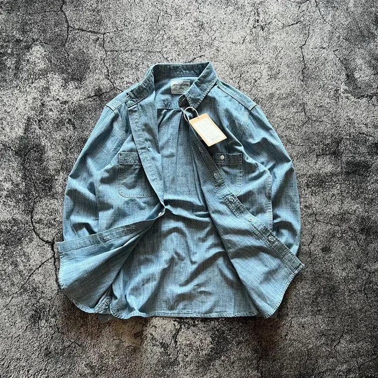 Japan Retro Bamboo Yarn Denim Casual Shirt Cool Hong Kong Style Long Sleeve Loose Spring Autumn 100% Cotton Washed Workwear Tops