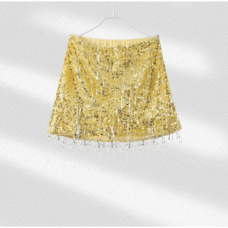 Sexy Tassel Sequins Vest Mini Skirt Women Crop Sling Vests Short Hip Package A-line Skirts 2026 Summer Lady Beach Party Outfits
