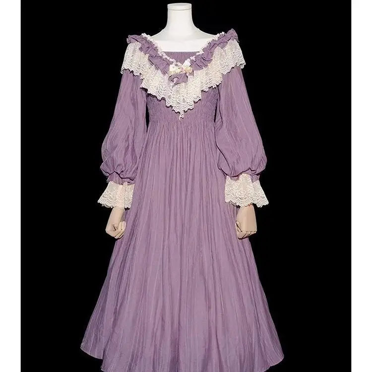 Nicemix Purple Classic Vintage Lantern Sleeve Lolita Dress Spring Lace Spliced Sweet Slimming A-line Dress