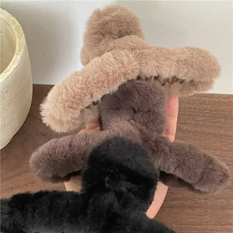 Soft Milk Coffee Color Series Imitation Fur Rabbit Fur Back Head Updo Hair Claw Warm Large Plush Shark Clip Barrettes Hair Claws