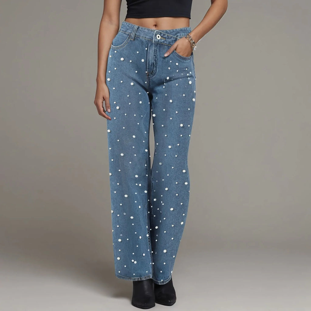 Women 2025 New Nail Bead Jeans Temperament Commuting Straight Leg Pants With Rough Edges Washed Fashion Jeans Ubrania Damskie