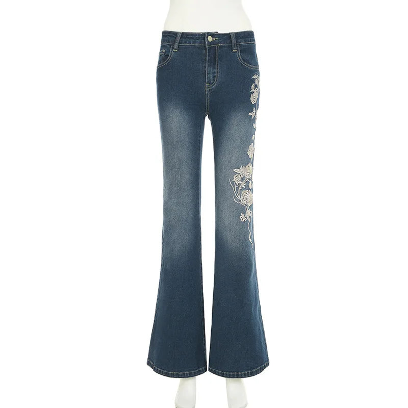 2026 Denim Trousers Y2K Flare Pants Jeans Women Embroidery Boot Cut Low Waist Washed Distressed Pockets Floor Length Streetwear