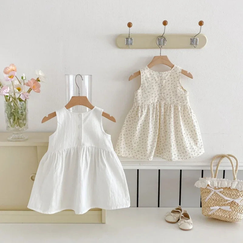 2025 Kids Clothes Summer Solid Dress Baby Girls Cotton Clothes Sleeveless Floral Dresses Children'S Vestidos Casual Clothing