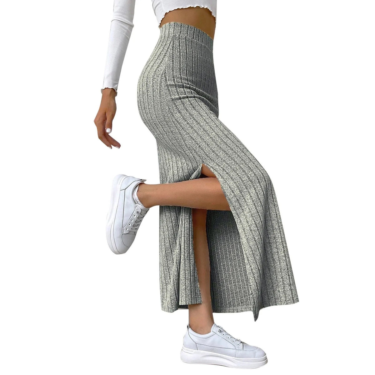 Womens Ribbed Knit Split Thigh Maxi Skirt High Waist Bodycon Pencil Skirt Casual Spring Summer Office Lady Chic Long Skirts 2026