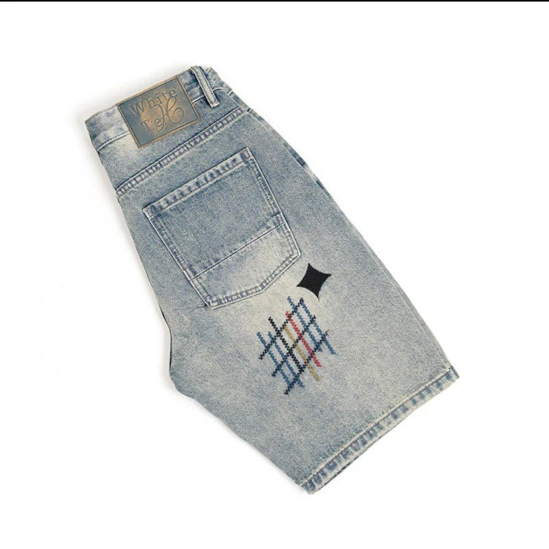 Summer Men American High Street Denim Short Pants Male Lightweight Straight Leg Casual Jeans Fashion Vintage Embroidered Shorts