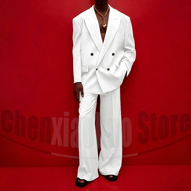 Men's Double Breasted Suit Set Oversized Blazer and Wide-Leg Trousers Fashion Casual Formal Outfits for Streetwear Party