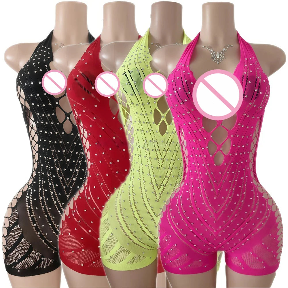 Sexy Designer Stripper Outfits Hollow-Out Rhinestone Halter Romper Women Playsuit Dancewear Ballrooms Performance Wear Jumpsuit