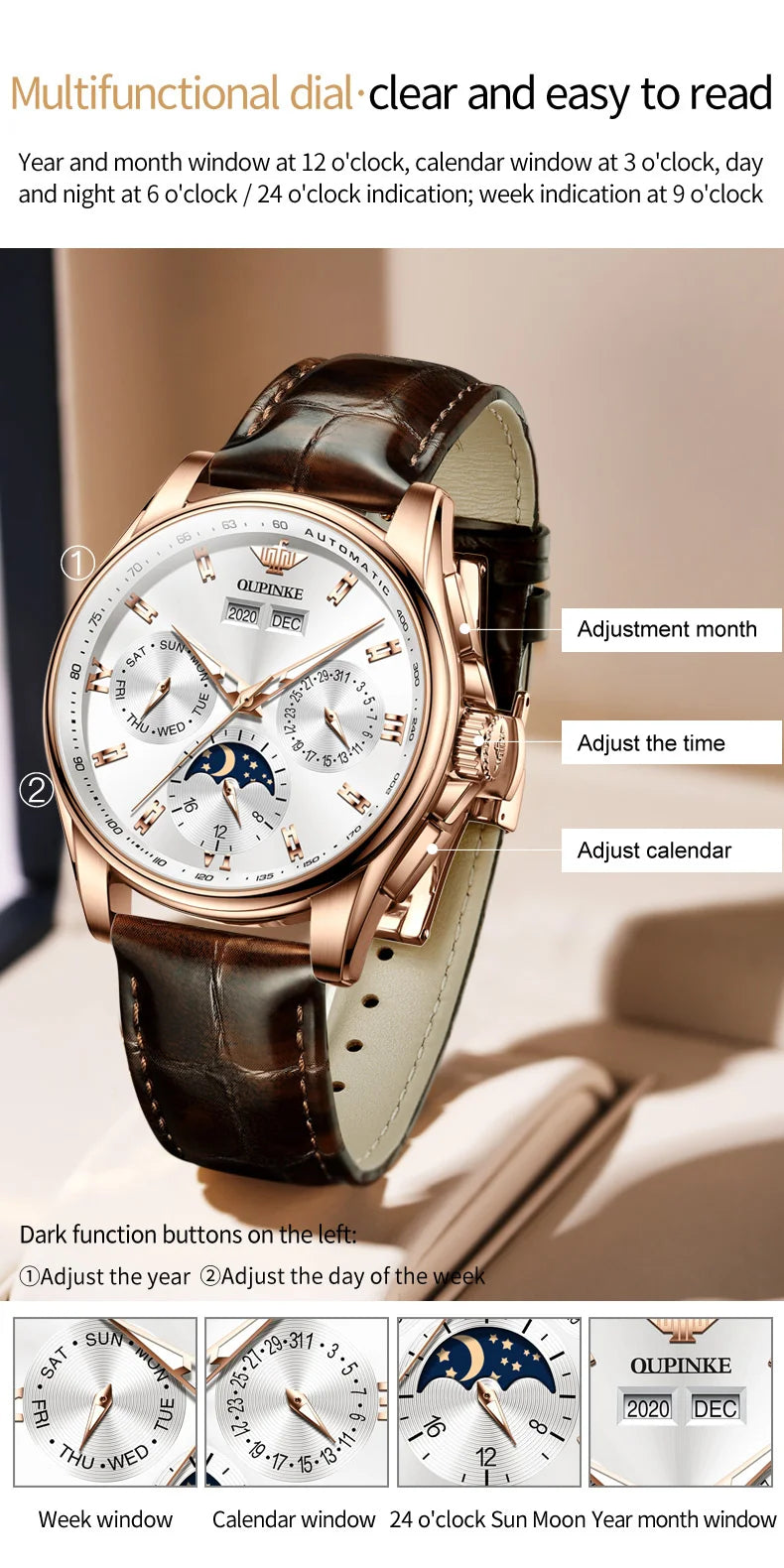OUPINKE 3189 Automatic Watch for Men Genuine Leather Strap Waterproof Moon Phase Man Watches Luxury Men's Mechanical Wristwatch