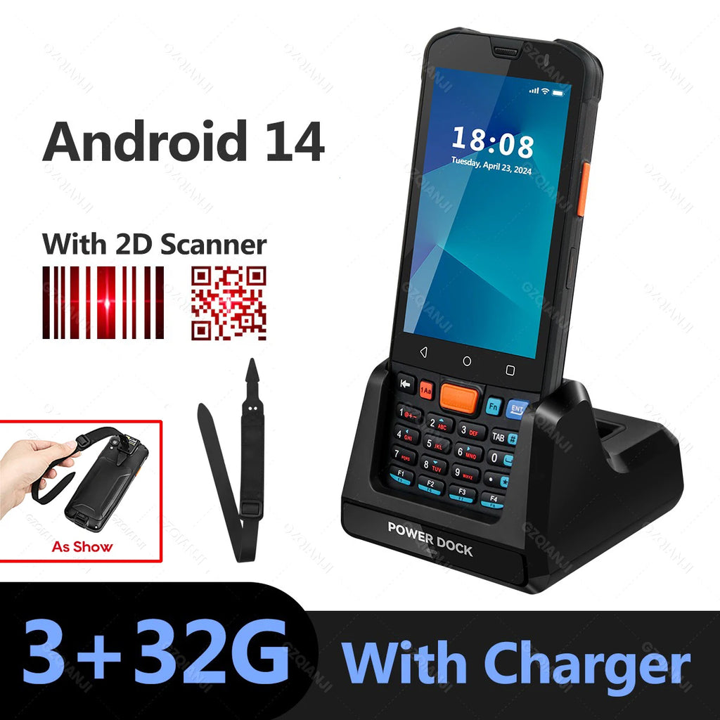 Android 14 Handheld PDA Portable Terminal 1D/2D Barcode Scanner Data Collector with NFC WIFI 4G 3+32GB Running Charger Station