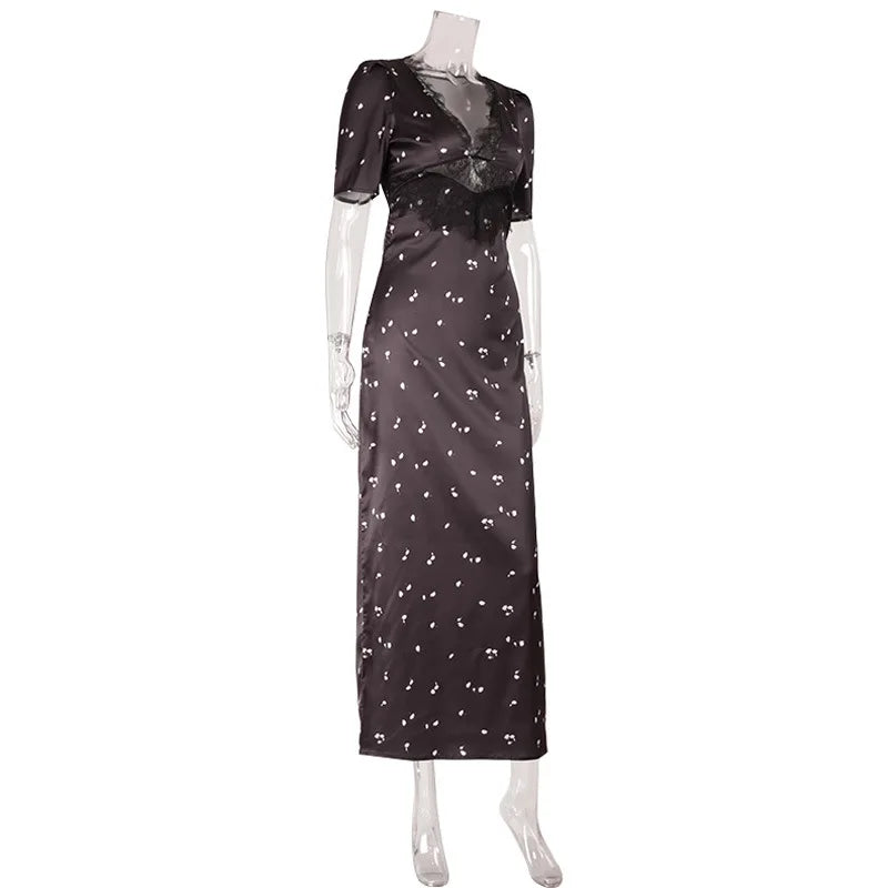 Satin Lace Patchwork Print Dress Women Black V-neck Short Sleeves High Waist Long Dresses Lady Hollow Out Daily Party Vestidos