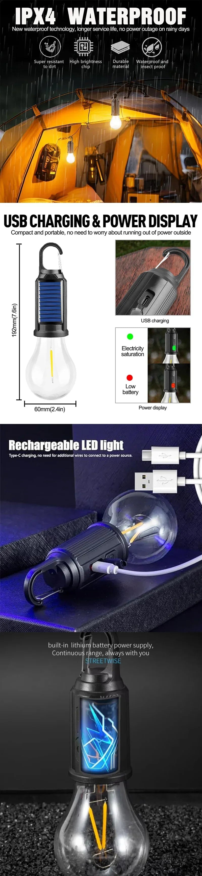 LED Lamp Bulbs Portable Camping Lights Outdoor USB Charging Night Lights Waterproof Flashlight Essentials Emergency Lighting