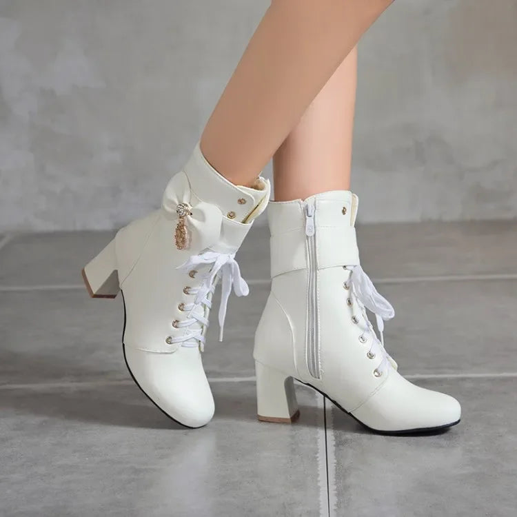 Winter Fashion British Style Round Head High Heels Women Boots Black White Pink Sweet Butterfly-Knot High Heels Women Boots