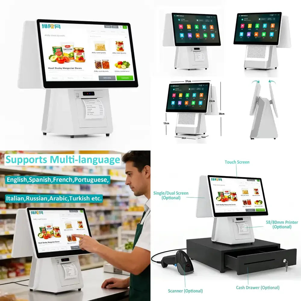 White All-in-One POS System with Touch Screen Windows OS Cash Register Business Management Terminal and Built-in Printer