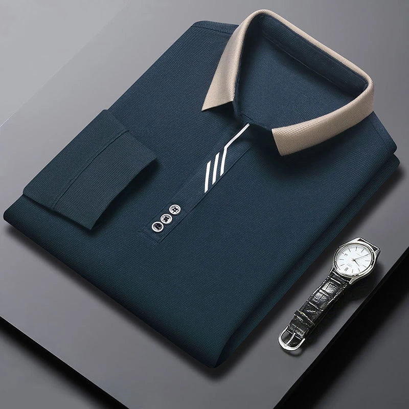 New Men's Business Casual Long Sleeved Shirt Solid Color Polo Shirt Fashionable Breathable Comfortable Versatile Top