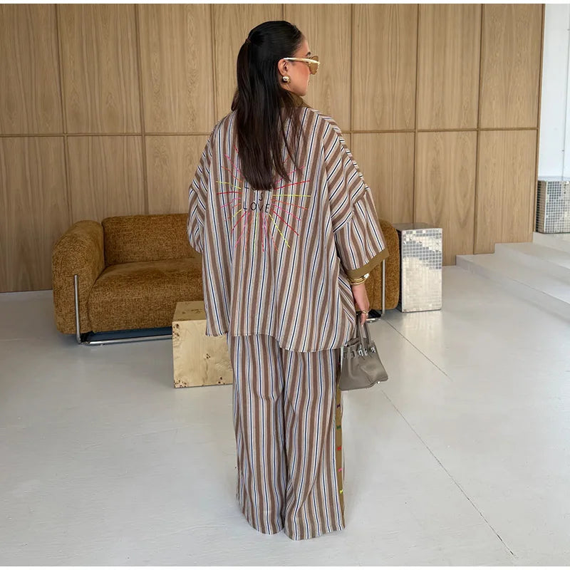 Loose Striped Contrast Wide Leg Pants Set Women Oversized Lapel Single Breasted Shirt Trousers 2026 Summer Lady Casual Outfits